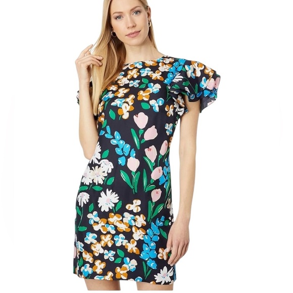 Kate Spade Silk Twill Meadow Floral Sheath Mini Dress In Black Multicolor Size 4 - Picture 1 of 16